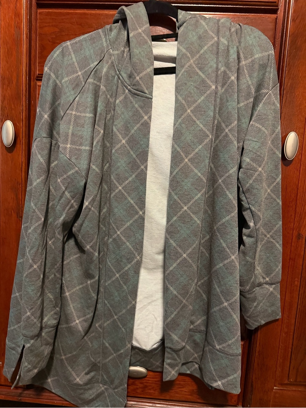 Cato Hooded Open-Front Cardigan Jacket in Gray Plaid